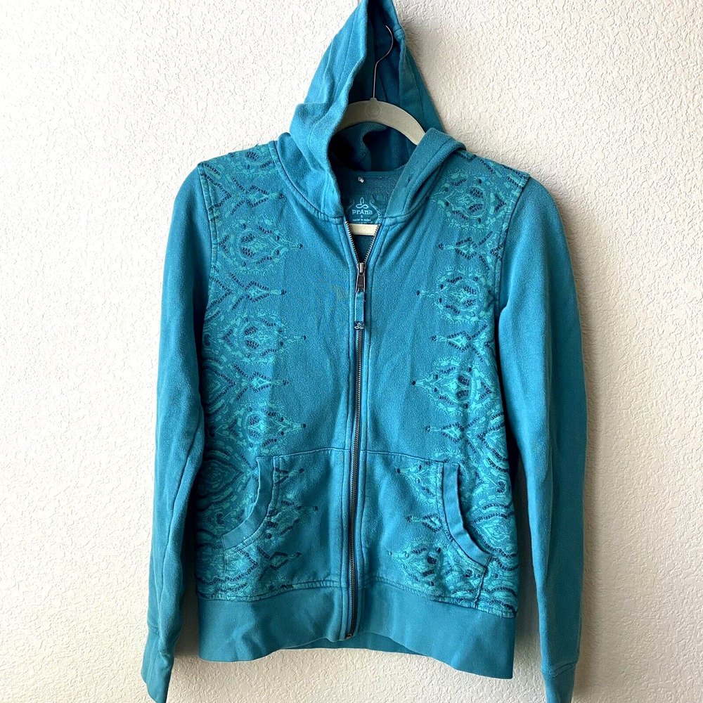 Prana womens embroidered Long sleeve front zip hooded Jacket size small